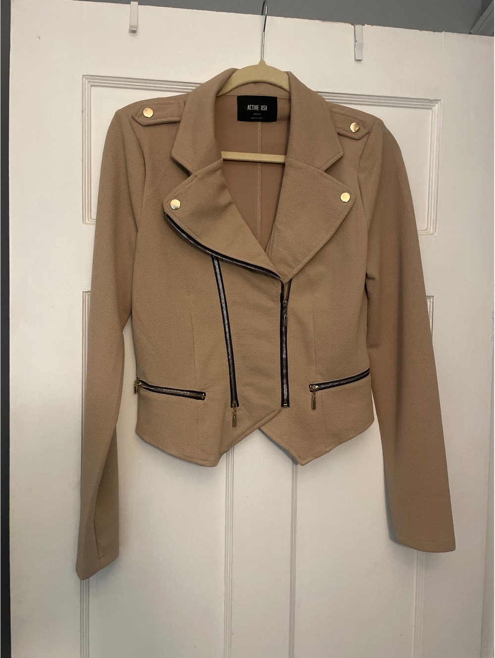 Active USA Women's Beige Textured Faux Leather Moto Jacket Size M - Picture 2 of 6